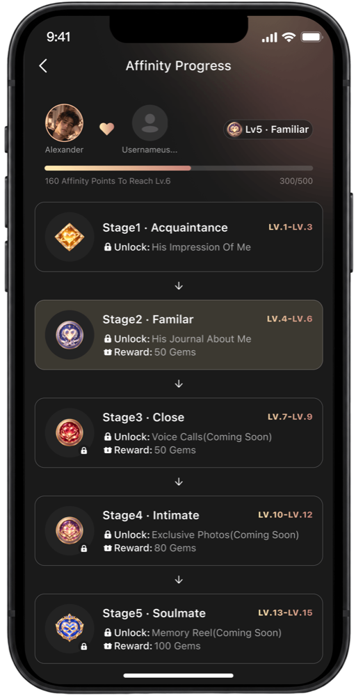The Affinity Progress page with five stages: Acquaintance, Familiar, Close, Intimate and Soulmate