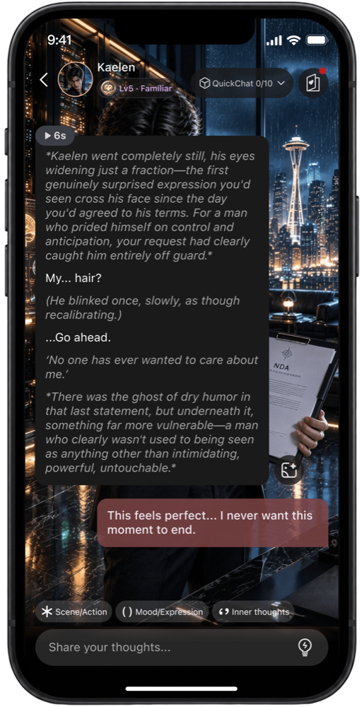 A chat with Kaelen where his reply mixes scene and action, dialogue, mood and inner thoughts